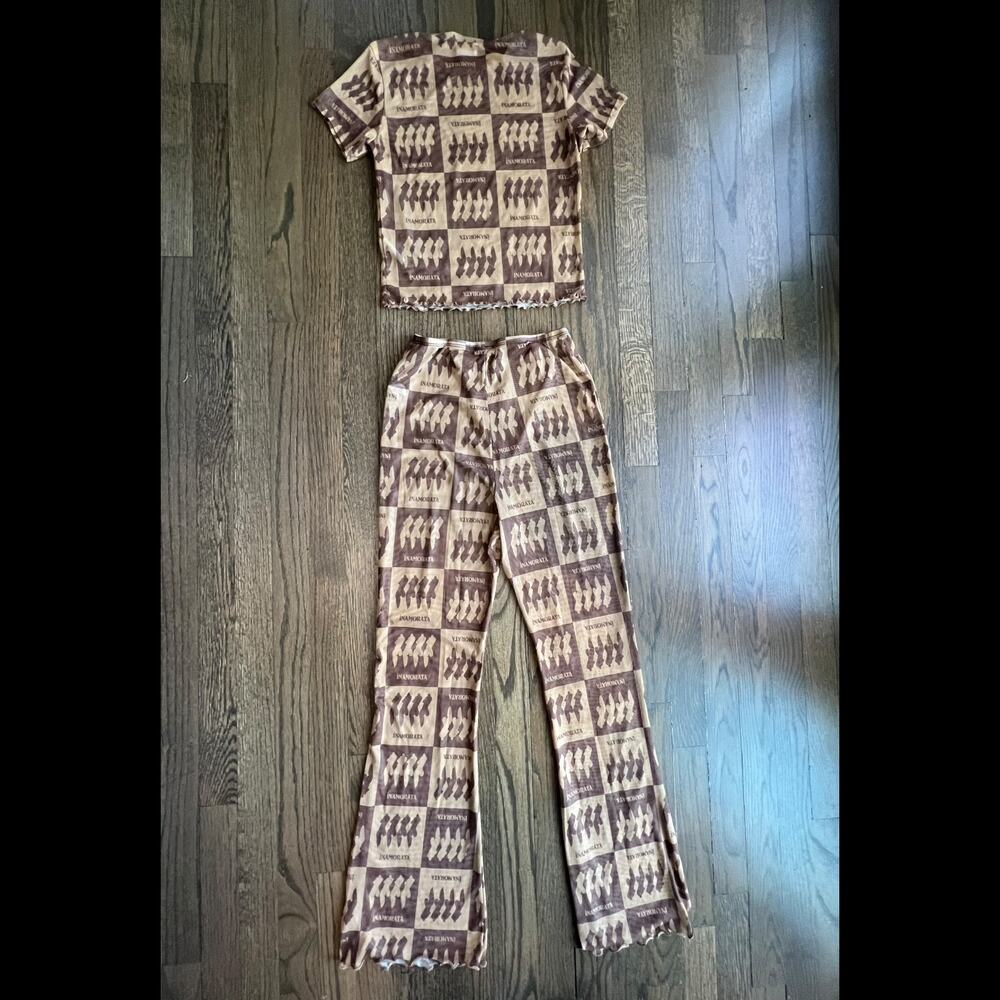 Inamorata Sheer Torso Mesh Print Bambi Baby Tee & Beachwood Pant Set Coverup M - Picture 4 of 16